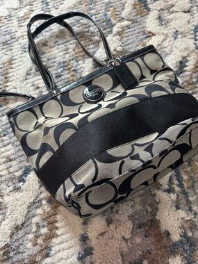 Coach Black and Khaki Signature Canvas Small Tote